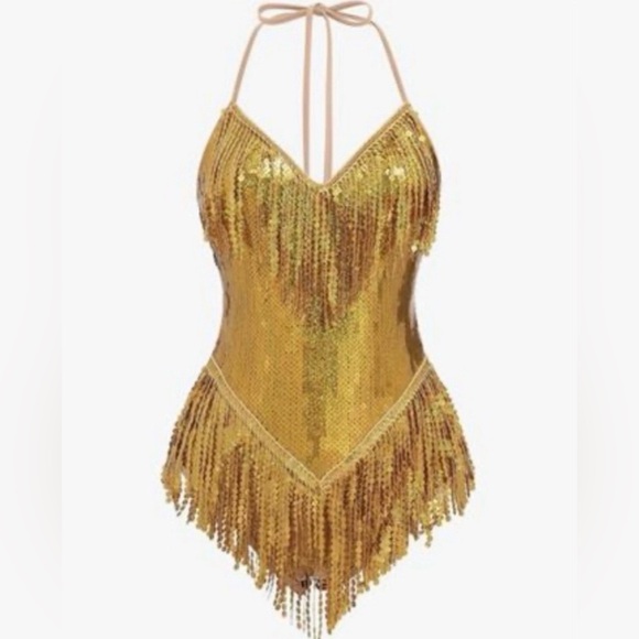 NWT Gold Sequin Fringe Bodysuit - Picture 4 of 4